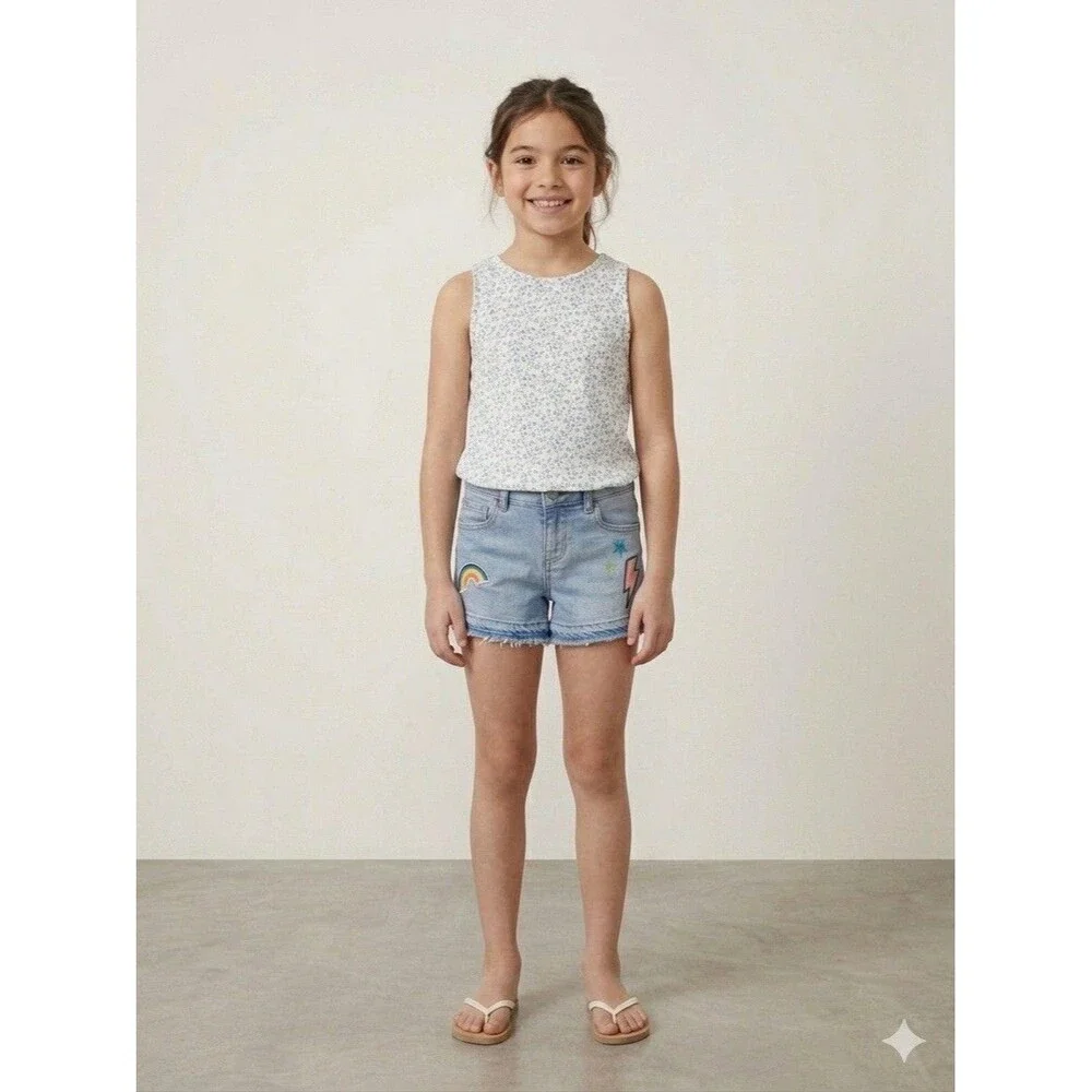 Gap Kids Girls Size 8 Embroidered Denim Shorts Y2K Patchwork Sun Rainbow